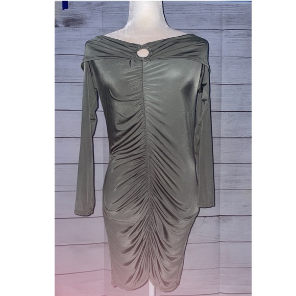 NWT PrettyLittleThing Khaki Ring Detail Bardot Slinky Bodycon Dress - Picture 5 of 7